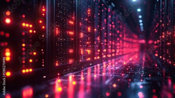 Fototapeta A futuristic data center with glowing cables and servers showcases advanced technology and connectivity. Vibrant colors create a dynamic atmosphere.