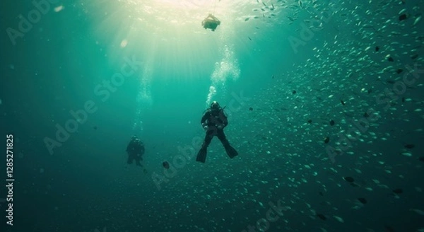 Fototapeta Divers Exploring Underwater with School of Fish and Sun Rays