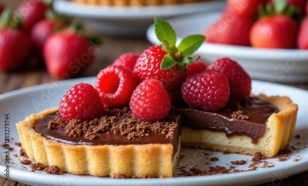 Fototapeta Delicious chocolate tart with berries