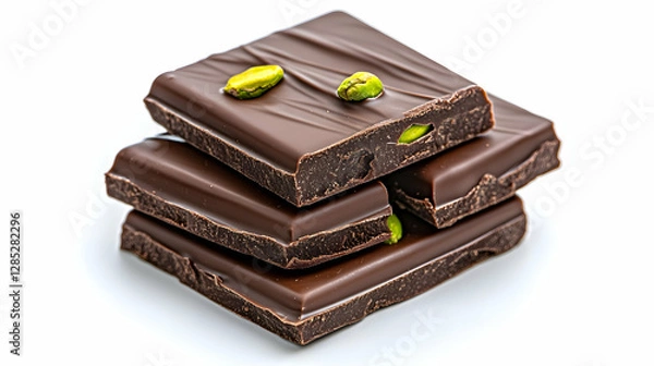 Obraz Dark chocolate pistachio pieces stack, white background, food photography, recipe ingredient
