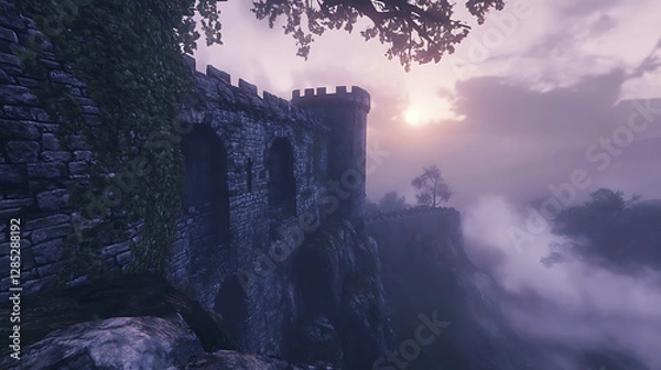 Obraz A historic castle perched atop a dramatic cliffside, thick mist swirling around the ancient walls, a majestic view of the surrounding valleys, ancient stones, twilight lighting, a sense of mystery 