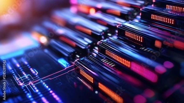 Fototapeta Futuristic data center with illuminated server racks and intricate circuitry in the background