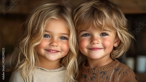 Fototapeta A heartwarming image of two adorable blonde children smiling together, their joyful expressions radiating happiness