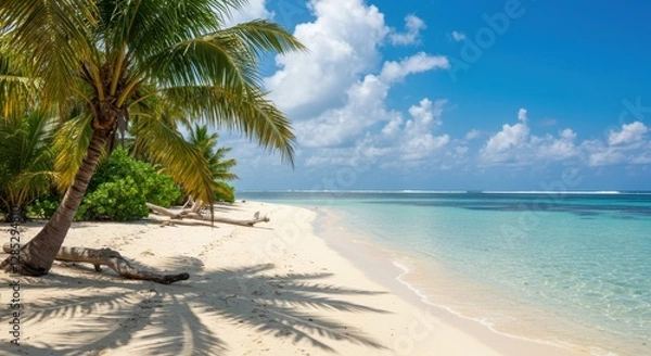 Fototapeta Idyllic Tropical Beach with Palm Trees, White Sand, and Turquoise Water
