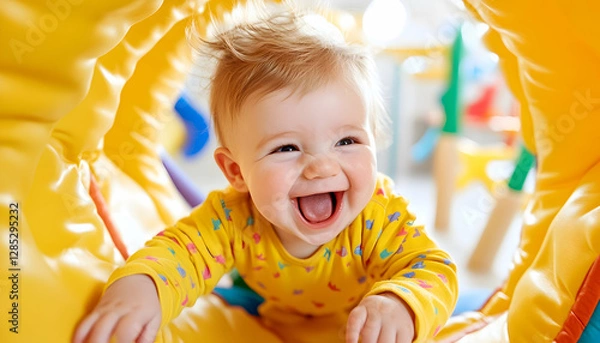 Obraz Happy baby crawling play tunnel, indoor playground
