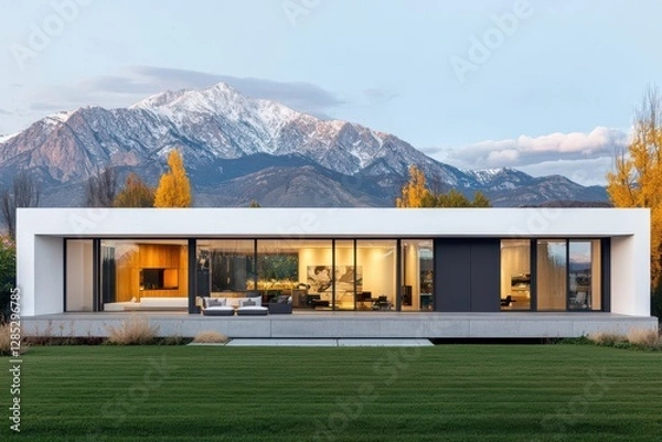 Fototapeta Modern House with Large Windows Set Against Mountain Range