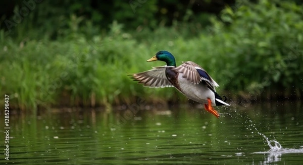 Obraz Mallard Duck Taking Flight Over Water with Green Foliage Backdrop