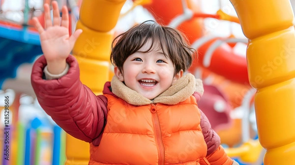 Fototapeta Happy toddler waves at playground, winter day