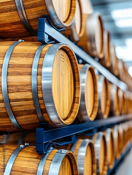 Fototapeta Oak barrels stacked in warehouse, aging process, brewery background