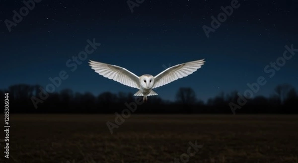 Obraz Barn Owl Flying at Night with Stars and Dark Field Landscape