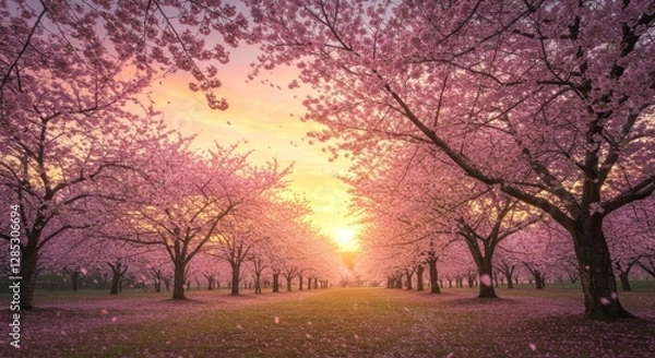 Obraz Blossom Trees in Full Bloom at Sunset with Petals Falling