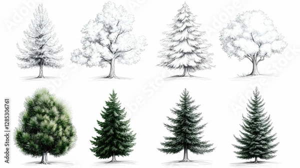 Fototapeta Pencil sketch and color illustrations of various trees