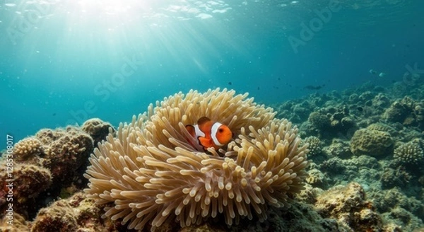Obraz Clownfish Swimming in Anemone Underwater with Sun Rays in Tropical Ocean