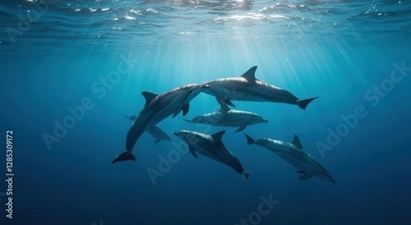 Obraz Dolphins Swimming Together Underwater with Sunlight Rays Through the Ocean
