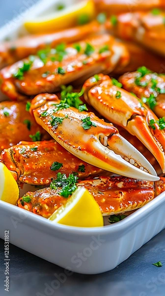 Fototapeta Steamed crab claws with lemon, parsley garnish. Food photography for recipe websites