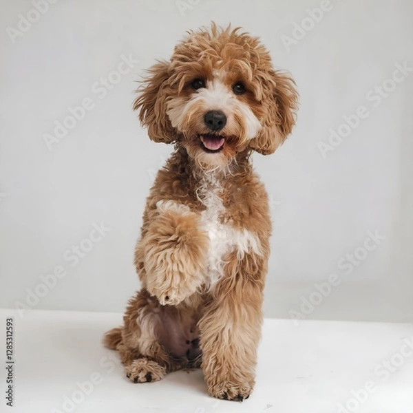 Obraz A photo of a happy, smiling, and intelligent purebred Toy Poodle sitting and giving its paw. The dog is on a white background generated by AI
