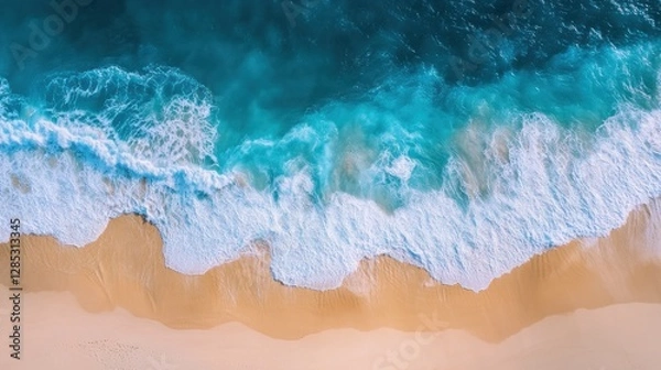 Fototapeta Aerial View of Waves Crashing on a Sandy Beach in a Tropical Paradise