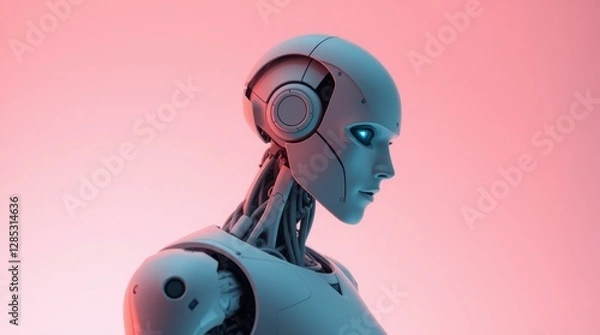 Fototapeta A 3d pink robot toy head with a mask hints at future cyborg technology