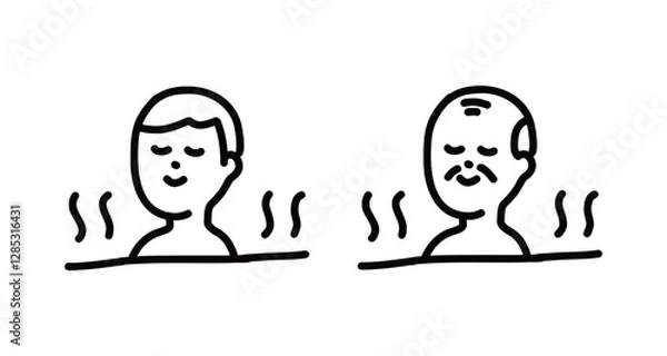 Fototapeta お風呂に入ってリラックスするおじいさんと男性の手書きベクターイラスト