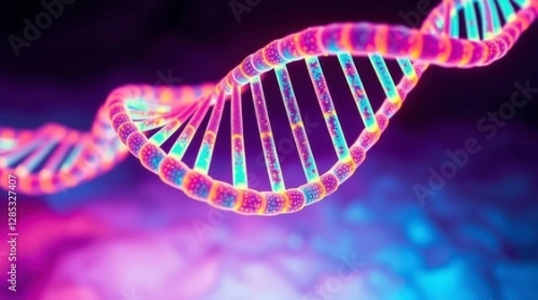 Obraz Abstract blue and red 3D rendering illustrates an isolated DNA helix spiral against a light sky in this science and technology concept