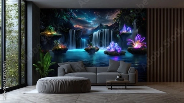 Fototapeta Serene indoor scene featuring a lush waterfall mural with glowing crystals and plants