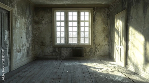 Fototapeta Abandoned Building Interior: White Walls, Concrete Floor, Urban Exploration Photography A sunlit, empty industrial space with large windows and worn walls