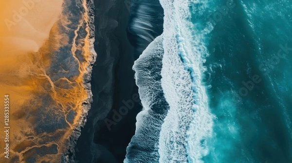 Fototapeta Aerial View of Turquoise Waves Crashing on Golden Sandy Shoreline at Sunset