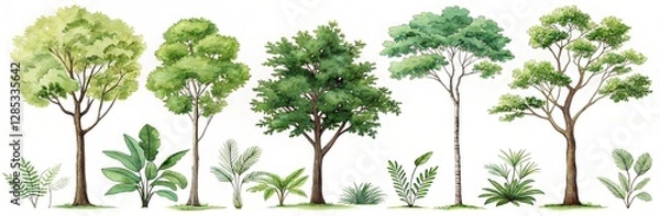 Obraz trees collection flat illustration side view clean white background