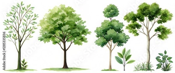 Obraz trees collection flat illustration side view clean white background