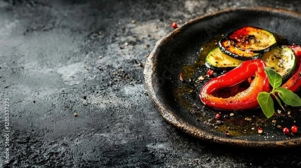 Fototapeta Grilled Vegetables on a Dark Plate with Olive Oil and Spices in a Rustic Setting