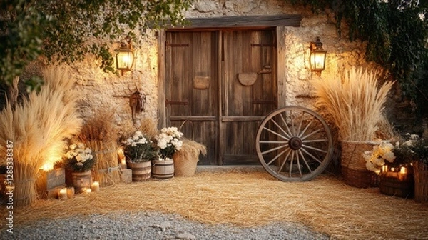 Fototapeta Rustic stone building entrance with wooden doors, wagon wheel, lanterns, and dried flowers.