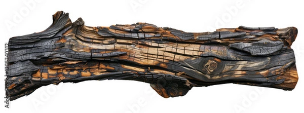 Fototapeta An old piece of burnt wood isolated on a transparent background in a top view flat lay.