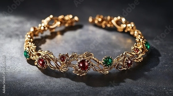 Fototapeta Elegant Gold Bracelet Adorned with Red and Green Gemstones on a Dark Background : Generative AI