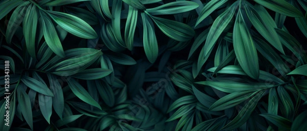 Fototapeta 3D abstract background with palm leaves and shadows on silk fabric, showcasing tropical jungle foliage in dark colors.