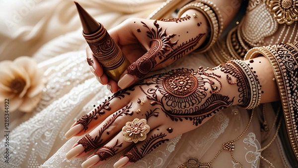 Fototapeta Elegant Top-View Close-Up of Bridal Henna – Intricate Arabic Mehndi Floral Patterns Applied with a Cone Before the Wedding