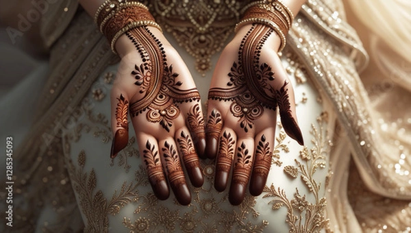 Fototapeta Elegant Top-View Close-Up of Bridal Henna – Intricate Arabic Mehndi Floral Patterns Applied with a Cone Before the Wedding