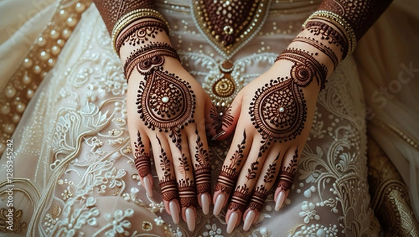 Fototapeta Elegant Top-View Close-Up of Bridal Henna – Intricate Arabic Mehndi Floral Patterns Applied with a Cone Before the Wedding