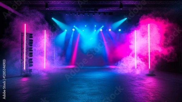 Fototapeta Vibrant Stage Illuminated With Colorful Lights and Smoke Ready for a Live Performance in a Modern Venue
