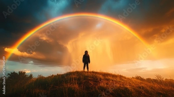 Fototapeta Child in Black Jacket Gazes at Vibrant Rainbow Overhill During Golden Hour
