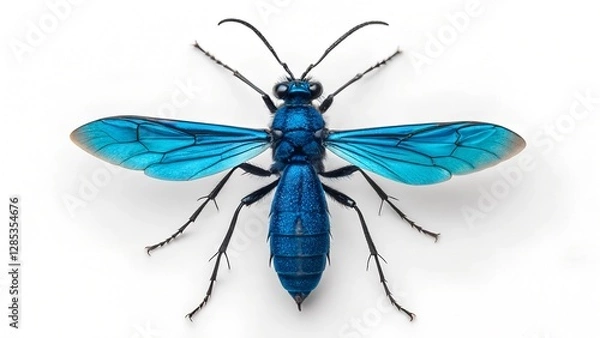 Fototapeta Striking Blue Wasp: A macro shot of a vibrant blue wasp, its delicate wings and intricate body details exquisitely captured against a simple backdrop.