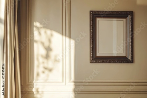 Fototapeta Sunlight Streaming Through a Curtain Highlights an Empty Frame on a Textured Wall in an Elegantly Decorated Room During the Afternoon