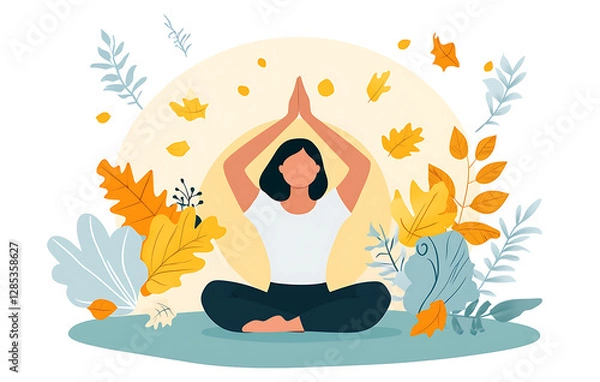 Fototapeta A woman practicing Yoga during wellness routine cozy morning with sunlight representing wellness routine spring wellness and leaves representing wellness routine autumn wellness. 