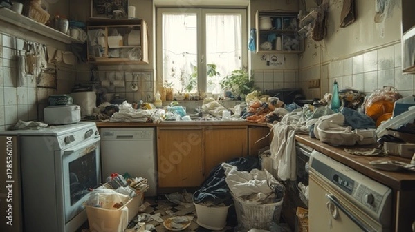 Fototapeta Kitchen in Disarray With Clutter and Unwashed Dishes Scattered Throughout the Space During Daylight Hours