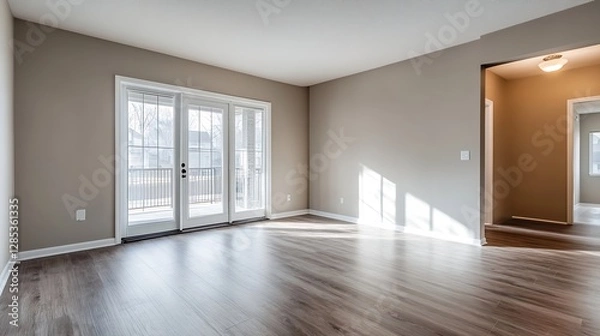 Fototapeta Bright and Spacious Living Room with Large Windows and Modern Flooring : Generative AI