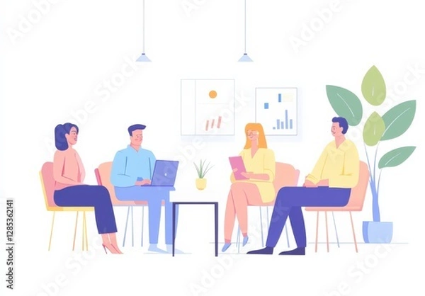 Fototapeta A group of people sitting around a table. One of the people is using a laptop. There is a potted plant in the background