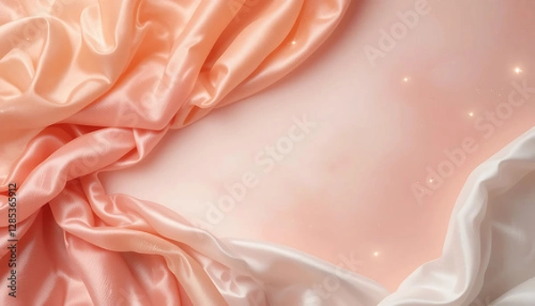 Fototapeta Peach fuzz coral gold pink rose white beige silk satin velvet fabric. Gradient. Luxury elegant background. Fold drapery. Shimmer glow glitter light. Design.Template. Flat lay, table top view