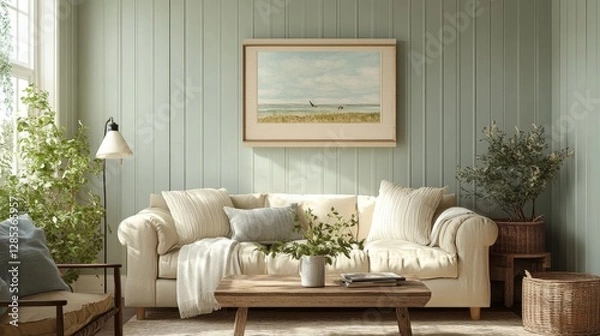 Fototapeta Cozy Living Room With a White Couch, Shelves of Books, and Natural Light Streaming Through a Large Window Creating a Warm Ambiance