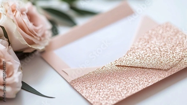 Fototapeta Elegant Rose Gold Glitter Envelope with Blank Card and Roses