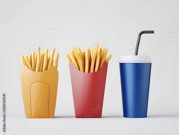 Fototapeta Delicious fast food scene featuring fries and drink in minimalist studio setting