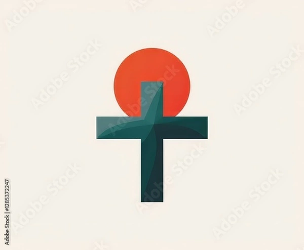 Fototapeta Geometric teal cross with red circle on white